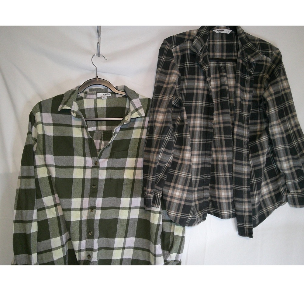 Lot of 2 SONOMA Goods for Life Plaid Flannel Shirts Women's XL Green Black‎